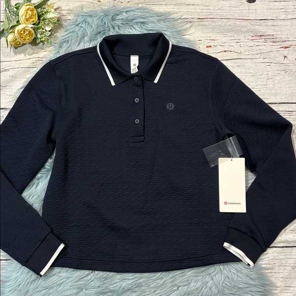 NWT Lululemon Textured Long-Sleeve Tennis Polo Shirt True Navy / White - Picture 8 of 9